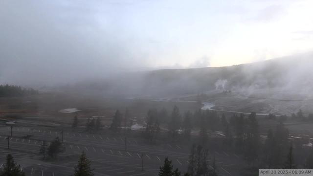 Lion geyser erupts and emits steam in the upper geyser basin. A boardwalk meanders through the basin