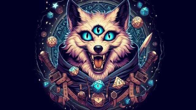 Illustration IA du portrait d’une créature à tête de loup aux trois yeux bleus. Elle est entourée de dés et derrière elle paraît un cercle magique.