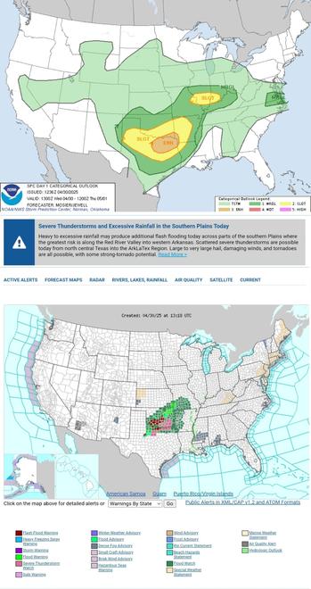 Severe Thunderstorms and Excessive Rainfall in the Southern Plains Today
Heavy to excessive rainfall may produce additional flash flooding today across parts of the southern Plains where the greatest risk is along the Red River Valley into western Arkansas. Scattered severe thunderstorms are possible today from north central Texas into the ArkLaTex Region. Large to very large hail, damaging winds, and tornadoes are all possible, with some strong-tornado potential.