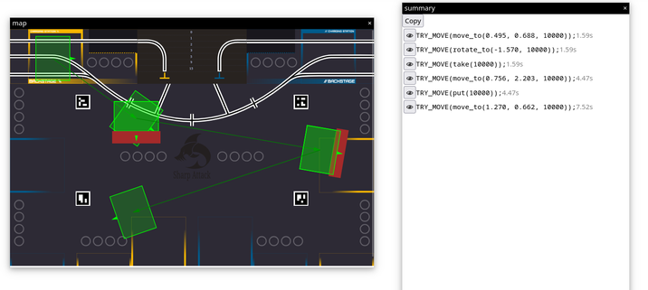 A screenshot of the robot strategy editor sleepsaver 2. Actions include taking and putting an object, which correctly updates the robot hitbox visualization.
