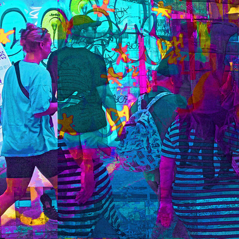 Barcelona digital edited multiple exposure street photography, made with the GNU Image Manipulation Program.