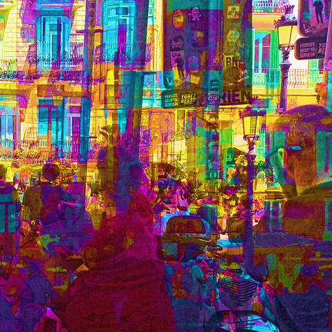 Barcelona digital edited multiple exposure street photography, made with the GNU Image Manipulation Program.