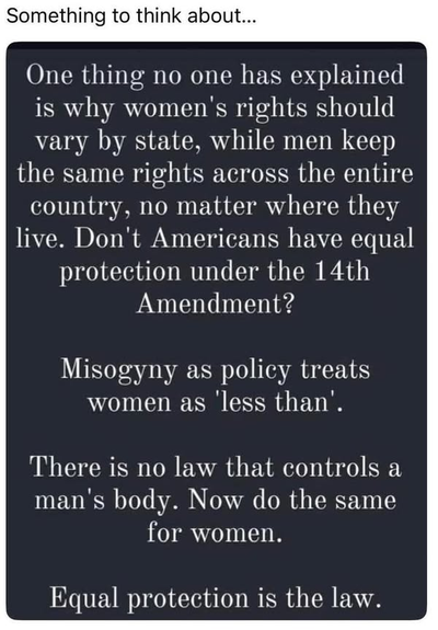 Something to think about...

One thing no one has explained is why women's rights should vary by state, while men keep the same rights across the entire country, no matter where they live. 
Don't Americans have equal protection under the 14th Amendment?
Misogyny as policy treats women as 'less than'.
There is no law that controls a
man's body. Now do the same for women.
 Equal protection is the law.