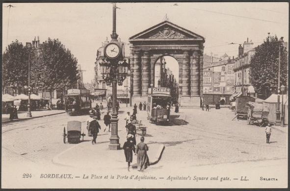 Printed sepia postcard showing a view of La Place d'Aquitaine and the Porte d'Aquitaine at Bordeaux in Gironde, France.

Published by Lévy Fils et Cie, Paris, Selecta, No LL 224, c.1910.

Postally unused.

Very good condition, with very slight corner bumps.
