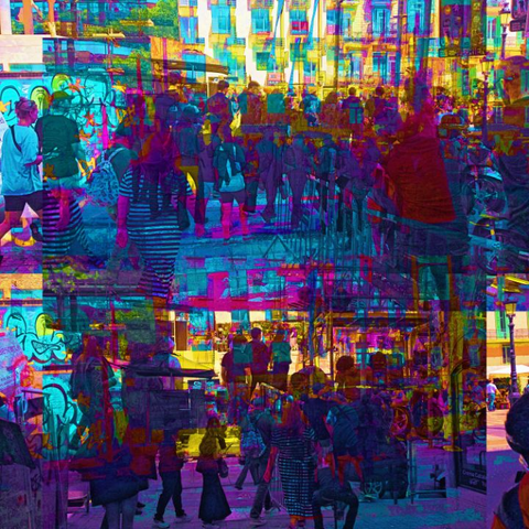 Barcelona digital edited multiple exposure street photography, made with the GNU Image Manipulation Program.