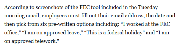 Text discusses a tool from the FEC for employees to report their status, requiring an email address, date, and selection from six pre-written options regarding employment status.