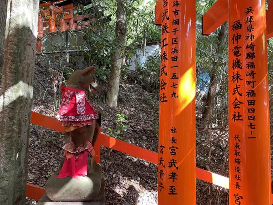 Inari statue next to two torii