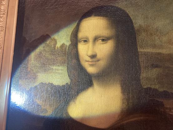 Photo de la Joconde en lumière rasante ; on voit son visage éclairé de la gauche par une lumière froide et forte