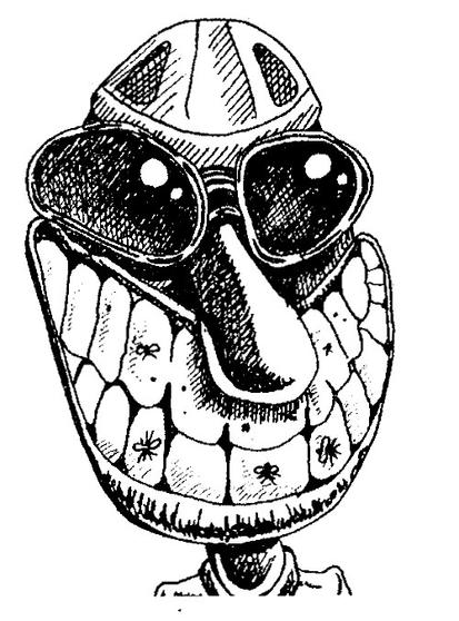 drawing. A cyclist with a distorted helmet grins, his (and I know it is a he) shows the flattened insects on his broad grin