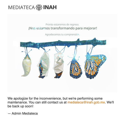 Imagen de la página principal del respositorio de INAH que avisa que están en mantenimiento y no se puede consultar ningun objeto