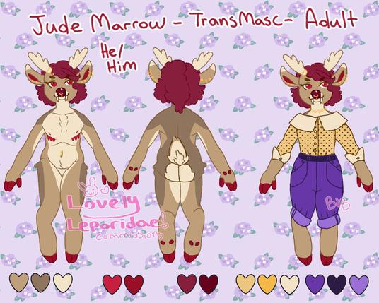 Digitally drawn refsheet featuring a front, back and clothed reference.

Jude Marrow, The vampire deer. He is a small transmasc deer with medium sized antlers with three points on each antler. He has multiple golden face and ear piercings. 

His main coat is 3 shades of tan or brown. his hooves and the insides of his ears are dark red. His short fluffy hair is wine red and his nose is a slightly darker shade. His eyes and top surgery scars are brighter red color that stands out against the other red tones.

On the clothed reference he his wearing a 1950's styled blouse and pants. The blouse is soft yellow and patterned small brown polka dots.  The Sailor collar/neck line and neatly cuffed sleeve that stop mid forearm are a lighter shade of the main blouse color.

The shirt is tucked into a pair of royal purple trousers, solid in color aside from the darker purple waistline and the lighter purple leg cuffs.
