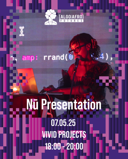 Pixelated background with a photo of a woman performing at a laptop with text overlaid advertising their presentation at Vivid Projects on 7th May 2025
