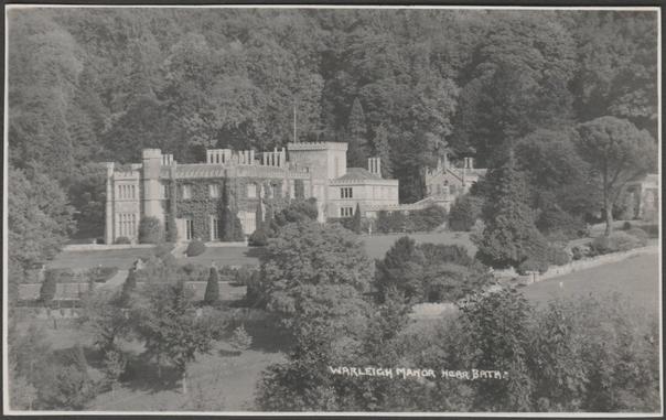 Monochrome real photographic postcard showing a view of Warleigh Manor at Warleigh, Bathford, near Bath in Somerset.

Publisher not stated, not numbered, blank back, c.1920s.

Postally unused.

Very good condition, with very slight corner bumps.