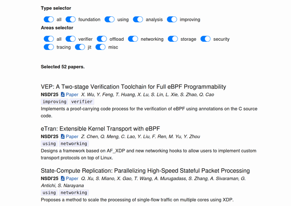Screenshot of the top of the list, showing the interactive selectors and the three eBPF papers published at NSDI'25.