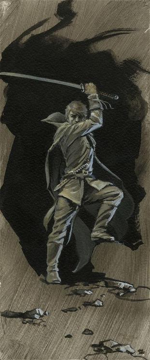 Rand al'Thor stands against the darkness of a cave opening. He holds his sword up with bent arm crossing his face to obscure the lower half of his face. His eyes are focused forward directly at the audience. Tucked into his belt is a sheathed dagger. On a back is a sweeping cloak. His foot is up resting on an implied boulder. A trail of stones zig-zags into the immediate foreground.