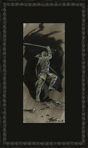 TO STAND AGAINST THE SHADOW (2012), Tonal preliminary concept for A MEMORY OF LIGHT, framed in wood moulding with black archival mat. Rand al'Thor stands against the darkness of a cave opening. He holds his sword up with bent arm crossing his face to obscure the lower half of his face. His eyes are focused forward directly at the audience. Tucked into his belt is a sheathed dagger. On a back is a sweeping cloak. His foot is up resting on an implied boulder. A trail of stones zig-zags into the immediate foreground.