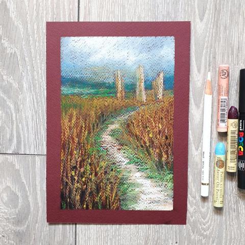 An oil pastel painting of a group of the Machrie Moor Standing Stones on the Isle of Arran, Scotland. These historic ruins date back to the Neolithic and early Bronze Age periods, approximately 3500 to 1500 BC.
an original art work
Fine art oil pastel on toned pastel paper
Size A5 (21cm x 14.5cm)
Sold unframed
