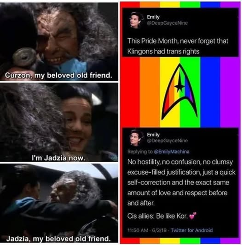Scene with Jadzia and The Klingon Kor from Deep Space 9:

Kor: Curzon, my beloved old friend.
Jadzia: I'm Jadzia now.
Kor: Jadzia, my beloved old friend.

---=---

This is Pride Month, never forget that Klingons had trans rights.

No hostility, no confusion, no clumsy excuse filled justification, just a quick self-correction and the exact same amount of love and respect before and after.

Cis allies: be like Kor.
