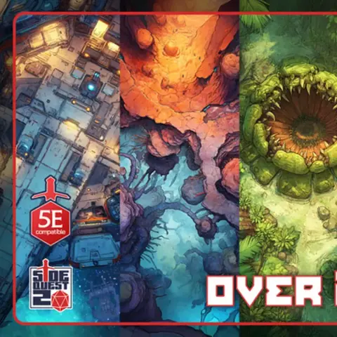 A vibrant collage of sci-fi battle maps showcases a variety of terrains, including a futuristic cityscape, a colorful alien landscape, a dense jungle with a large, menacing creature, and a rocky environment with futuristic structures. The maps are designed for compatibility with 5E roleplaying games, emphasizing their versatility for different gaming scenarios. The text "OVER 200 MAPS" is prominently displayed, highlighting the extensive collection available in the upcoming Kickstarter campaign.