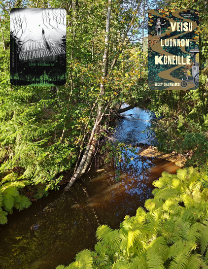 Kuvaan on liitetty postauksessa mainittujen kirjojen kannet kesäisen vehreän joen kuvan päälle.