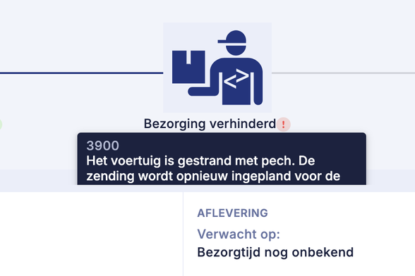 Bezorging verhinderd !

3900 Het voertuig is gestrand met pech. De zending wordt opnieuw ingepland voor de

AFLEVERING

Verwacht op:

Bezorgtijd nog onbekend