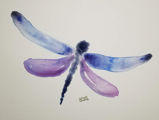 Watercolor dragonfly with a black body & blue/ purple wings.