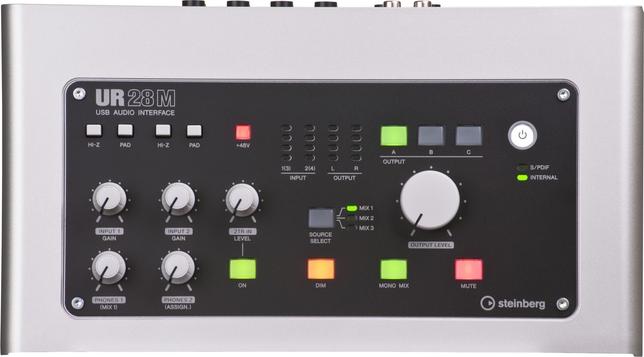 Image of a Steinberg UR28M USB audio interface featuring multiple controls and indicators. It includes knobs for input gain, headphones, and mix levels, along with buttons for various functions such as HI-Z, PAD, and phantom power. There are LED