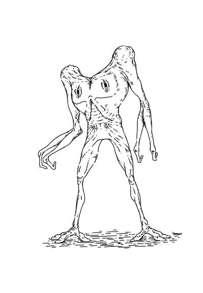 Drawing of a strange alien with uncommon anatomy