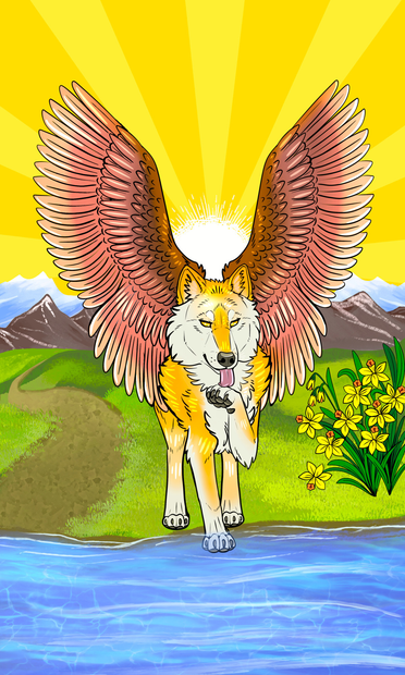 A golden wolf with red wings is standing at the edge of a river. One paw is in the water. It is holding the other paw up and licking it. The background is sunrise over the mountains.