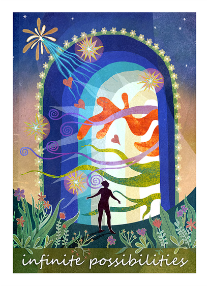 Rainbow colored background. Large archway with vibrant organic shapes and swirls, vivid hearts and starbursts flying out. Before the arch, stands a silhouette of a female form. In the foreground flowering plants and leaves bloom. NOTE: This description created especially for my lovely blind friend, Georgiana. :-)