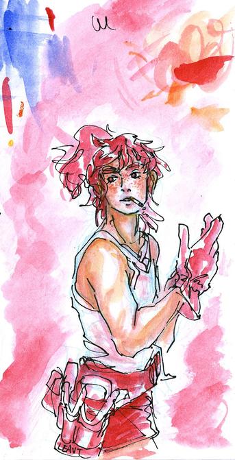 watercolor illustration of Jasper, red hair, freckles, a white tank top and a tool belt putting on heavy duty gloves on, cigarette on their lips