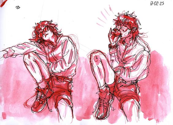 ink and pen sketches of a red haired person with heart shaped sunglasses nonchalantly sitting and drinking espresso