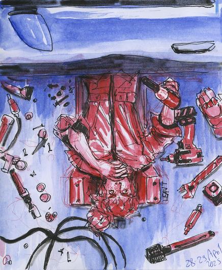 watercolor illustration of a red haired mechanic (jasper of course) performing repair under a car and smoking a cigarette