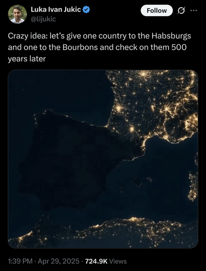 Birdsite post from @lijukic with a photo of Spain (in country-wide blackout) and France (with normal electric lighting)  from space, and the text -
"Crazy idea: let's give one country to the Habsburgs and another country to the Bourbons and check on them 500 years later"