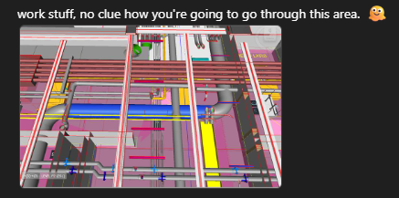 a screen grab of a complicated 3D mechanical model where the highkighted blue duct is clashing with many trades.