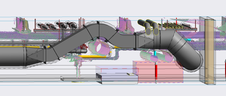 this screen image is a detailed sheet metal product of what used to be a single straight peice of round duct. It has been converted to rectangular duct with the equivalent sizing. The green and magenta blobby stuff is a 3D laser scan.