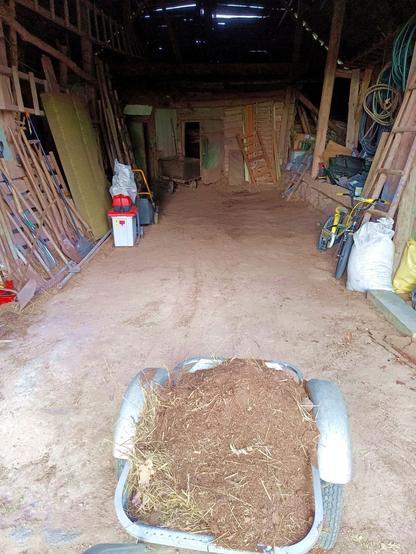 View into the barn, now with nice and tidy bare earth floor. The last load of Barnfloor Special is in the wheelbarrow, standing by the door. The mix is hay with brown soil or manure.