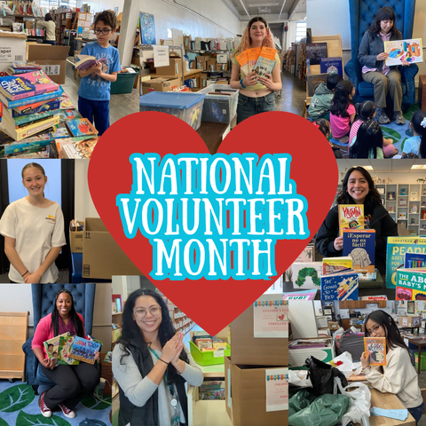 Multiple pictures of people with books and donations surround a heart that says "National Volunteer Month"