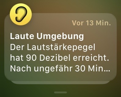 Vor 13 Min.
Laute Umgebung
Der Lautstärkepegel
hat 90 Dezibel erreicht.
Nach ungefähr 30 Min...