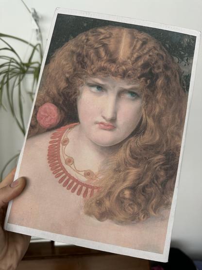 Gemälde einer missmutig unter einer kupferfarbenen Lockenpracht hervorschauenden Frau. Der Druck ist die Rückseite eines Buchpakets.