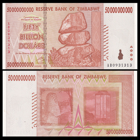 Example of 50 billion dollars from Zimbabwe, bank note with a pile of rocks on it