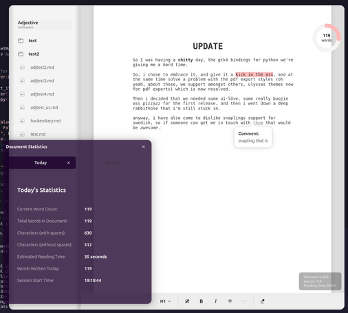 screenshot update of my application for creative writing.