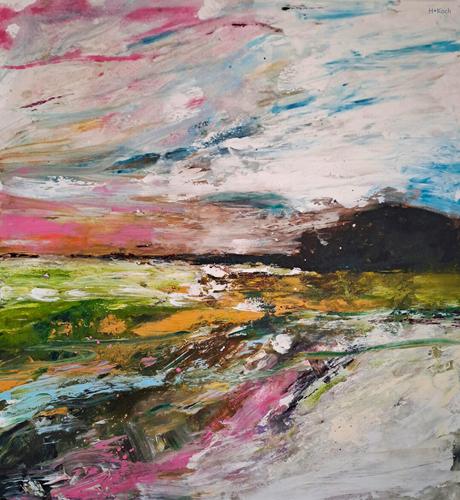 The acrylic painting shows an abstract landscape reminiscent of an meadow with a blue pink sky above. The painting is structured with bold and wild strokes in bright and vibrant summery colors.