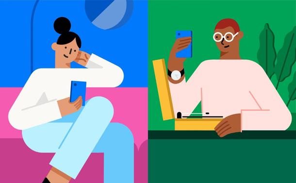 Ilustração estilizada de duas pessoas usando celulares, em ambientes diferentes; imagem dividida na metade.