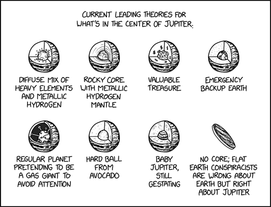 XKCD comic #3083 "Jupiter Core"

Transcript & explanation by ExplainXKCD https://www.explainxkcd.com/wiki/index.php/3083:_Jupiter_Core

Transcript:
Current leading theories for what's in the center of Jupiter:

[Variations of Jupiter, except for the last are shown with about 1/8 of the planet chopped off to show the core.]

[Jupiter with liquid material at its core]
Diffuse mix of heavy elements and metallic hydrogen

[Jupiter with a rocky core]
Rocky core with metallic, hydrogen mantle

[Jupiter with a pile of coins for a core, with multiple dollar signs shown]
Valuable treasure

[Jupiter with Earth for a core]
Emergency backup Earth

[Hollow Jupiter with a rocky planet in the middle]
Regular planet pretending to be a gas giant to avoid attention

[Jupiter with a smooth ball for a core]
Hard ball from avocado

[Jupiter with a small version of Jupiter for a core]
Baby Jupiter, still gestating

[Jupiter as a flat circle, with nothing chopped off]
No core; flat Earth conspiracists are wrong about Earth but right about Jupiter

title text: Juno mission data suggests that Jupiter actually contains Matryoshka doll-style nested copies of every other planet in the Solar System.

explanation (truncated to fit alt text):
Jupiter is the largest planet in the Solar System, the fifth planet from the Sun, and the closest-in gas giant. The core of the planet is hidden by an enormous gaseous atmosphere, and this comic lists a number of theories about the structure of that core. [...]