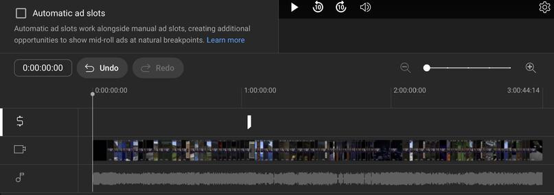 An image of the YouTube mid-roll ad editor. There is one ad on the video timeline.