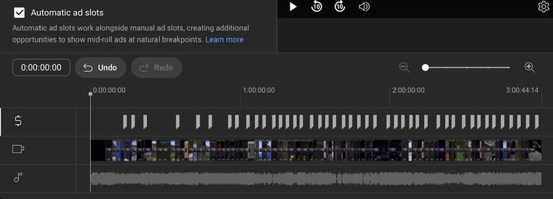 An image of the YouTube mid-roll ad editor. There is an ad placed nearly every five minutes.