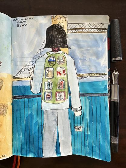 Sketch in sketchbook of the back of me wearing a backpack full with patches of various cities/countries standing on a bridge facing out on the Tower Bridge in London. I'm holding a camera in one hand and a map in the other