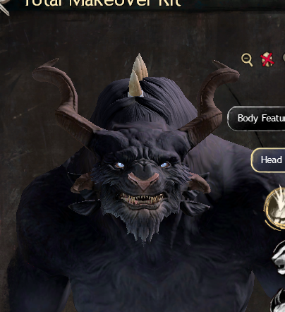 Screenshot of character editor from Guild Wars 2, displaying a Charr character with black fur, silver-ish eyes, spiral horns and handsome face.