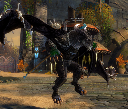 Screenshot from Guild Wars 2, displaying a Charr character who dress to look like a alack dragon in mid jump with his wings open wide. Character looks is inspired by Darkstalker from Wings of Fire series.